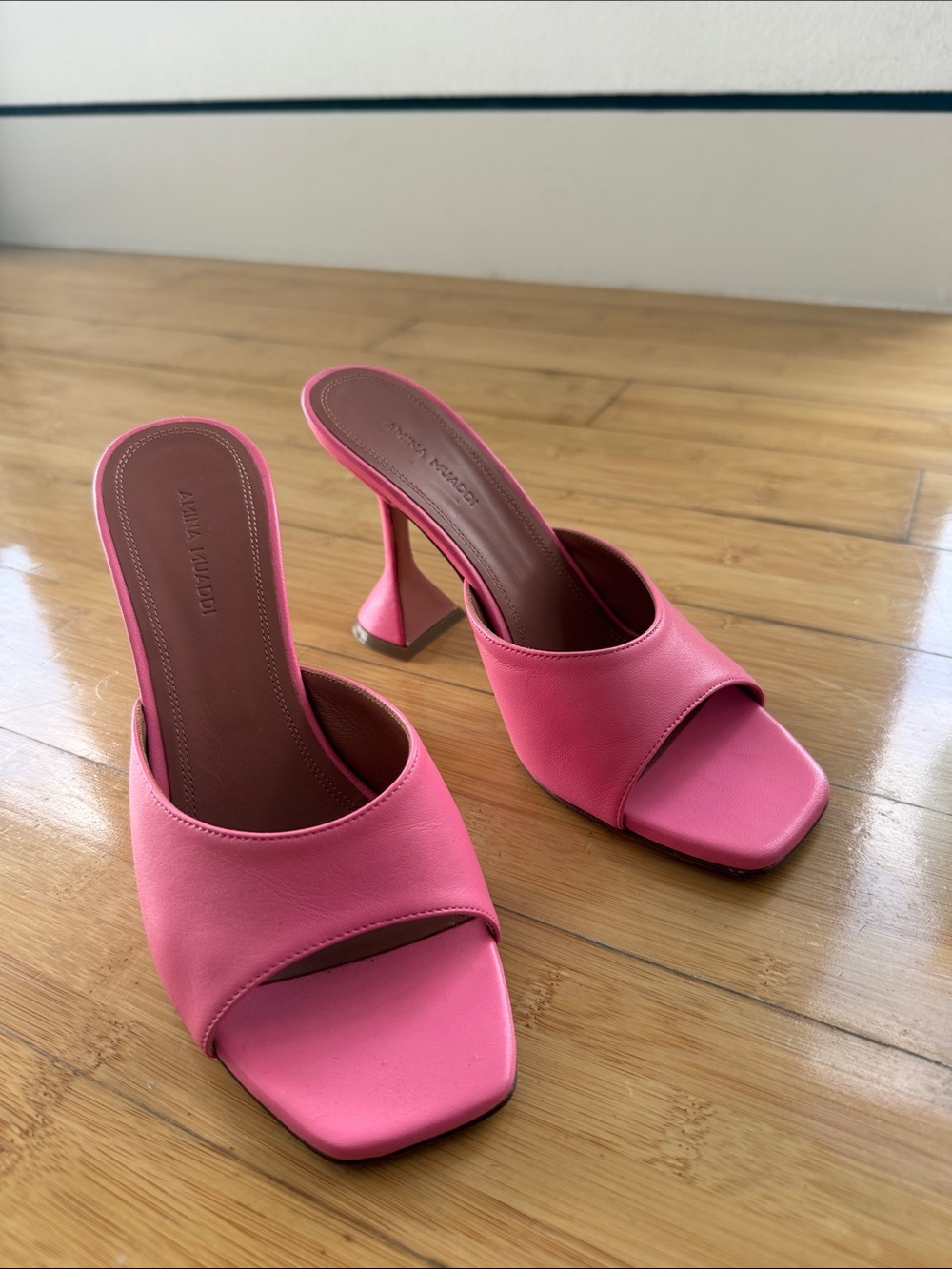 Amina Muaddi Bubblegum Pink Open-Toe Mule Heels